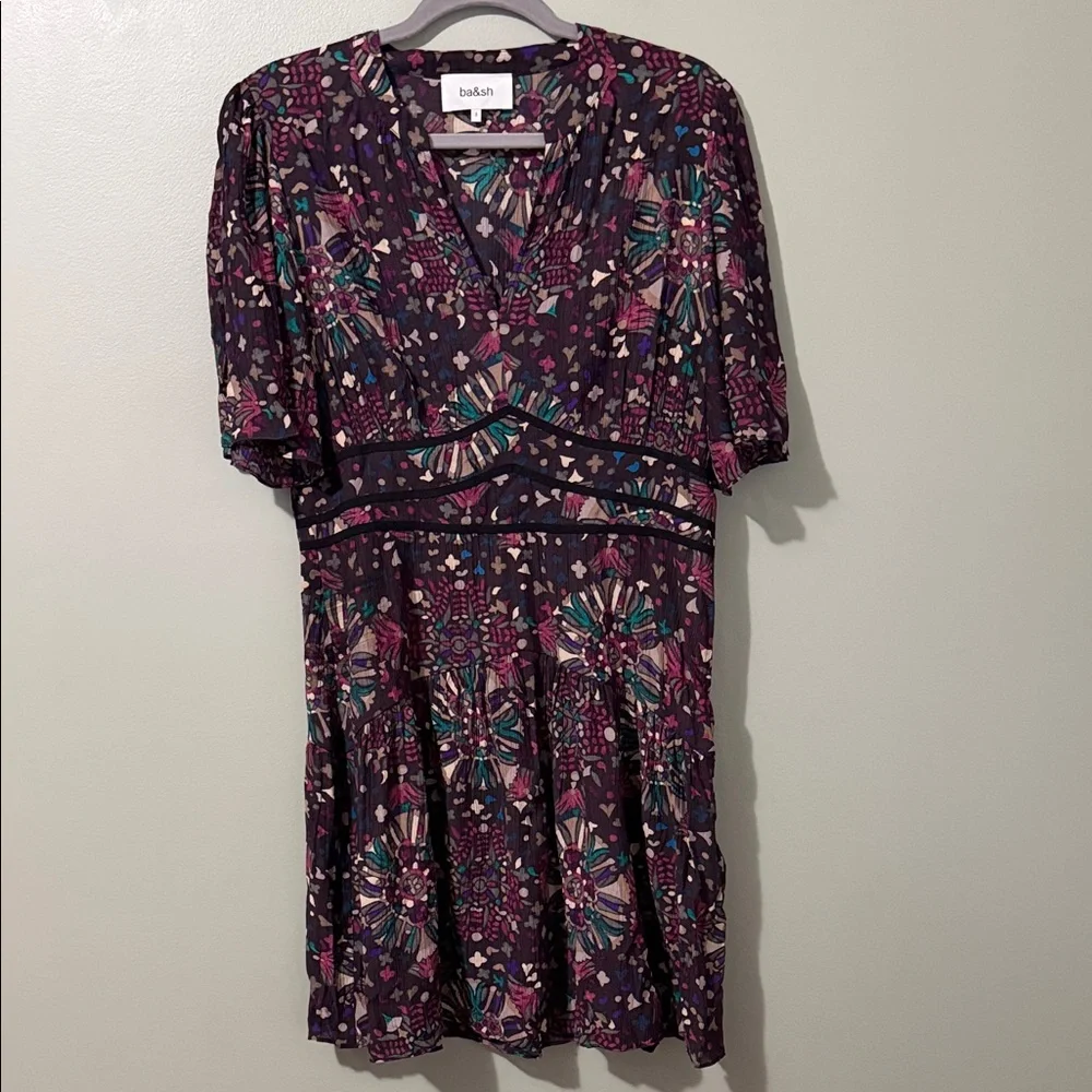 BA&SH Robe Fidji Printed Minidress NWT V neck Short Sleeves Side zip multicolor
